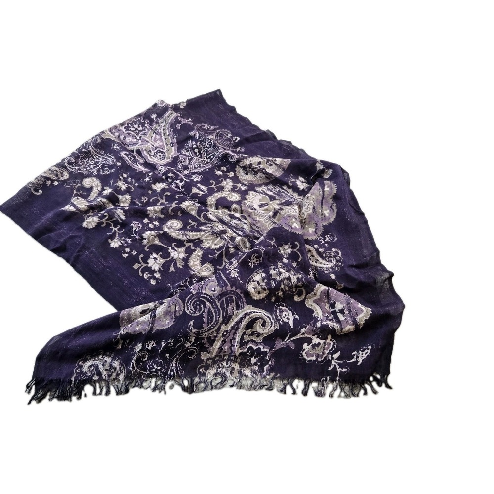 Women's Lightweight Woven Paisley Purple White Scarf 23" X 70" Frayed Ends READ